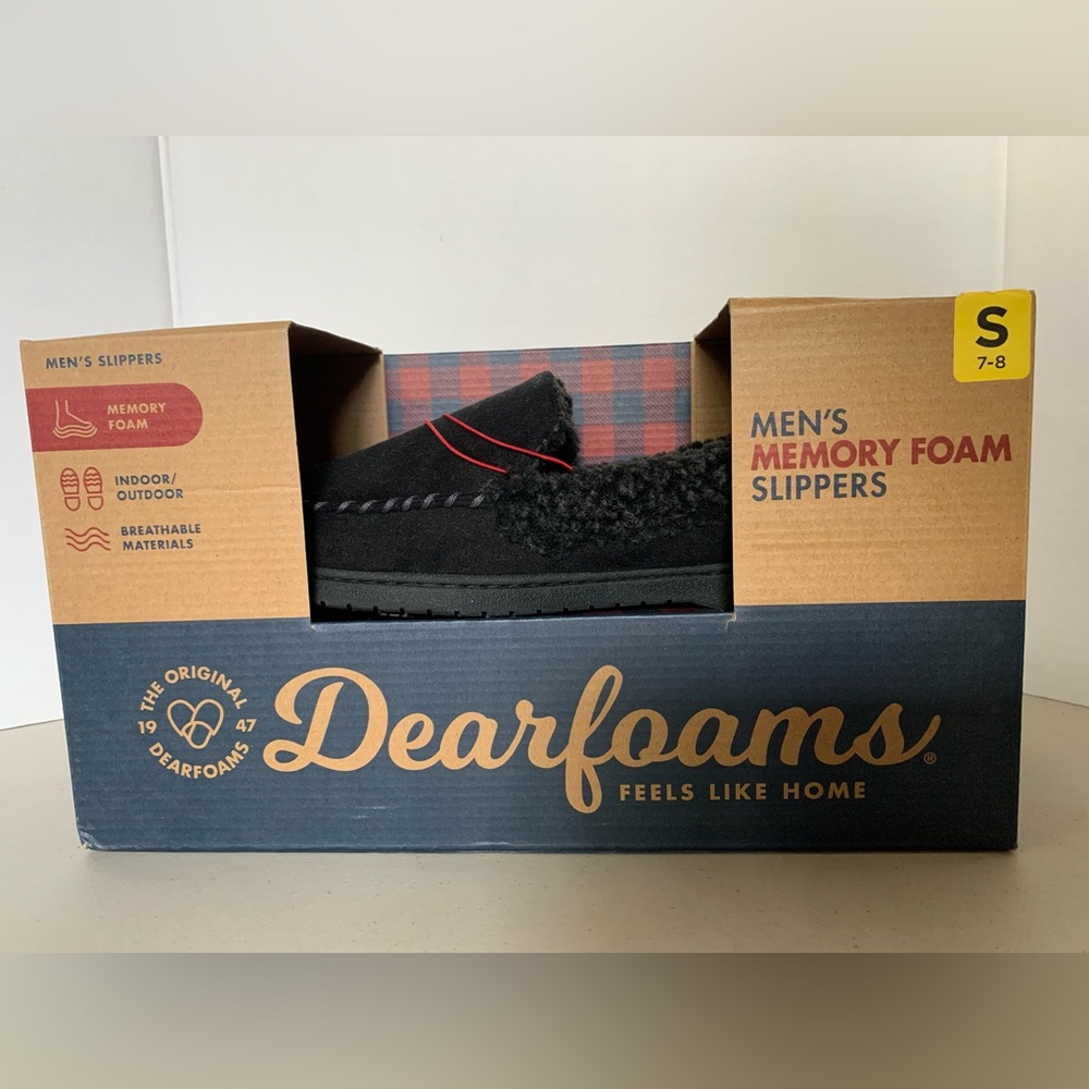 Men's Dearfoams Moccasin Memory Foam Slippers Black Small 7-8 NEW